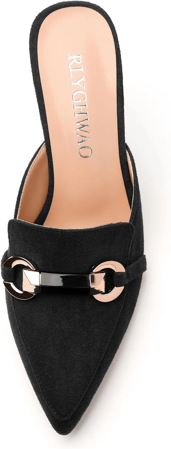 Women's Sandals, Pointed Closed Toe High Heels, Chains Buckle Fashion Mules for Wedding Party Working