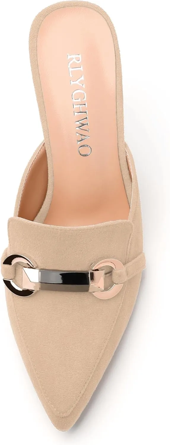 Women's Sandals, Pointed Closed Toe High Heels, Chains Buckle Fashion Mules for Wedding Party Working