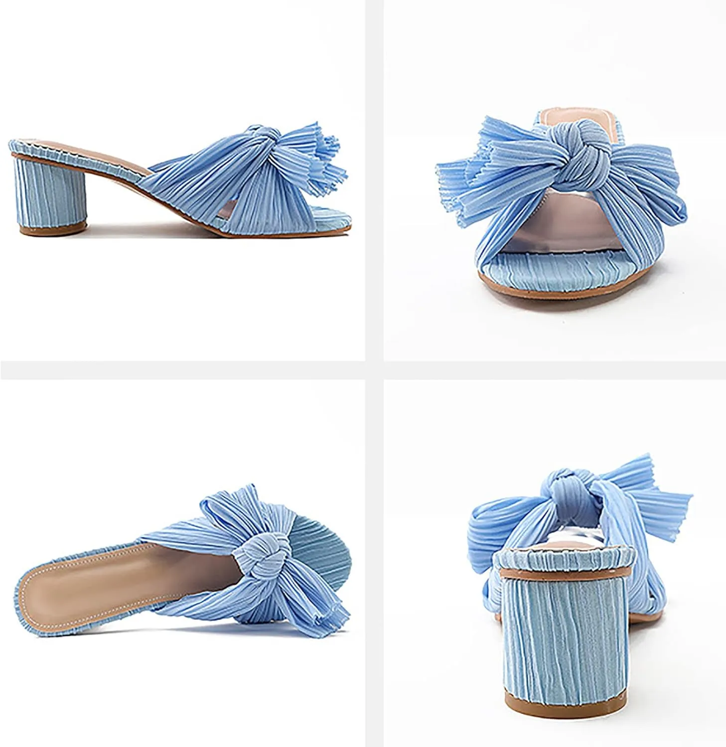 Women's Satin Kitten Heels Mules Sandals Slip On Bowknot Open Toe Backless Dress Low Heeled Slipper Slides
