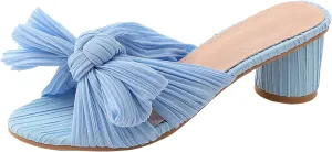 Women's Satin Kitten Heels Mules Sandals Slip On Bowknot Open Toe Backless Dress Low Heeled Slipper Slides