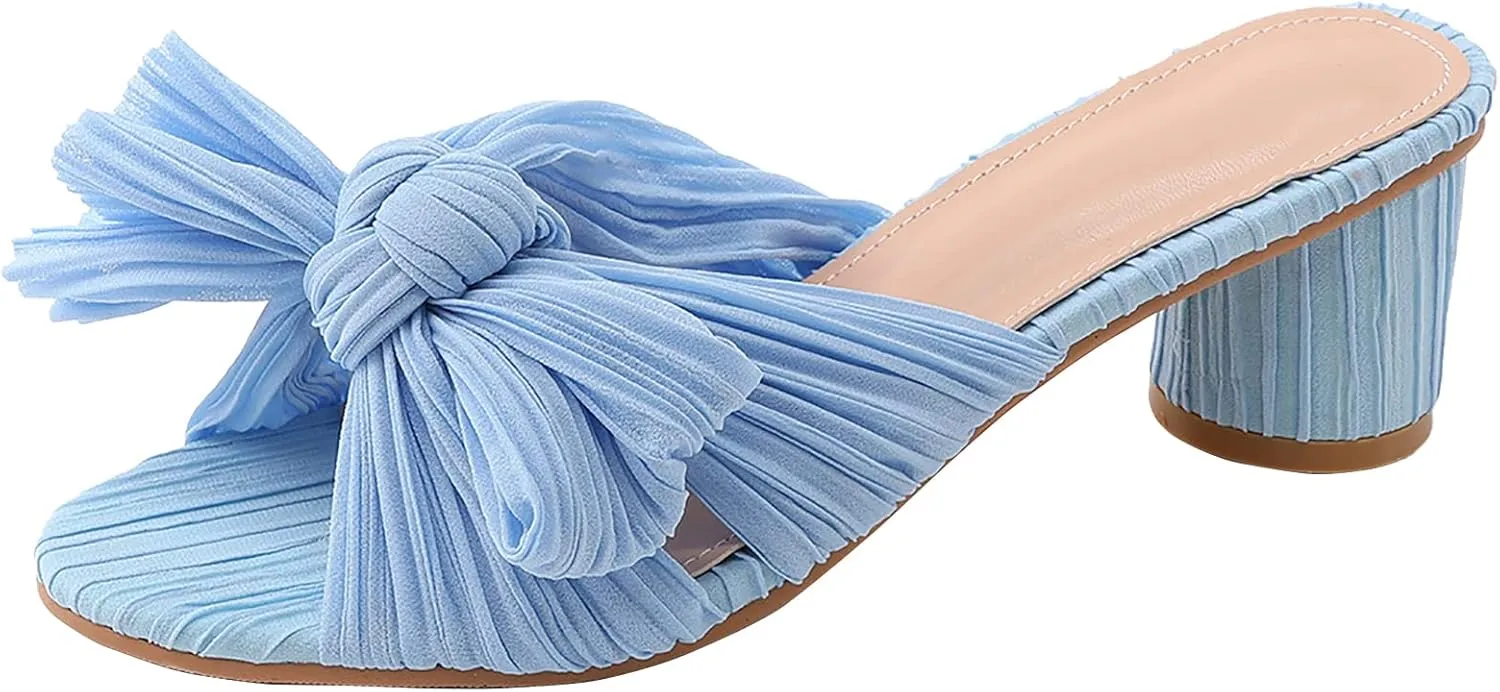 Women's Satin Kitten Heels Mules Sandals Slip On Bowknot Open Toe Backless Dress Low Heeled Slipper Slides