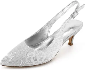 Women's Slingback High Heels Pointed Toe Kitten Heel Ankle Strap Lace Satin Wedding Dress Shoes