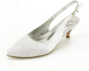 Women's Slingback High Heels Pointed Toe Kitten Heel Ankle Strap Lace Satin Wedding Dress Shoes