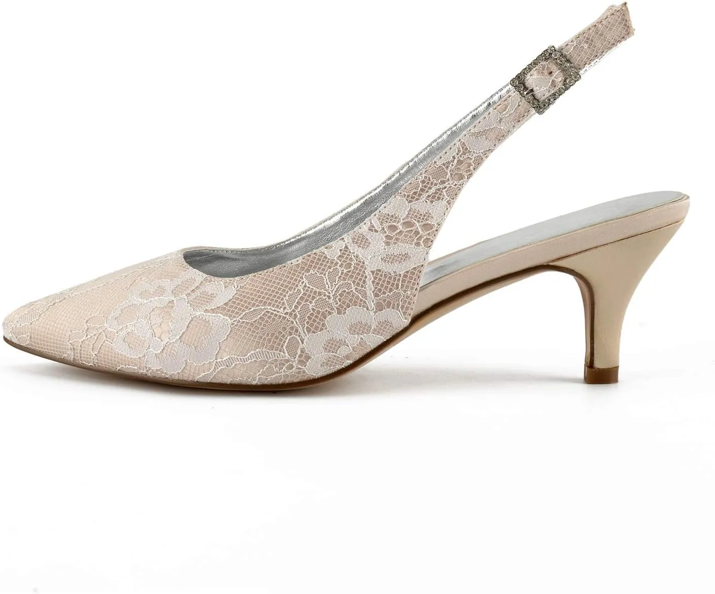 Women's Slingback High Heels Pointed Toe Kitten Heel Ankle Strap Lace Satin Wedding Dress Shoes