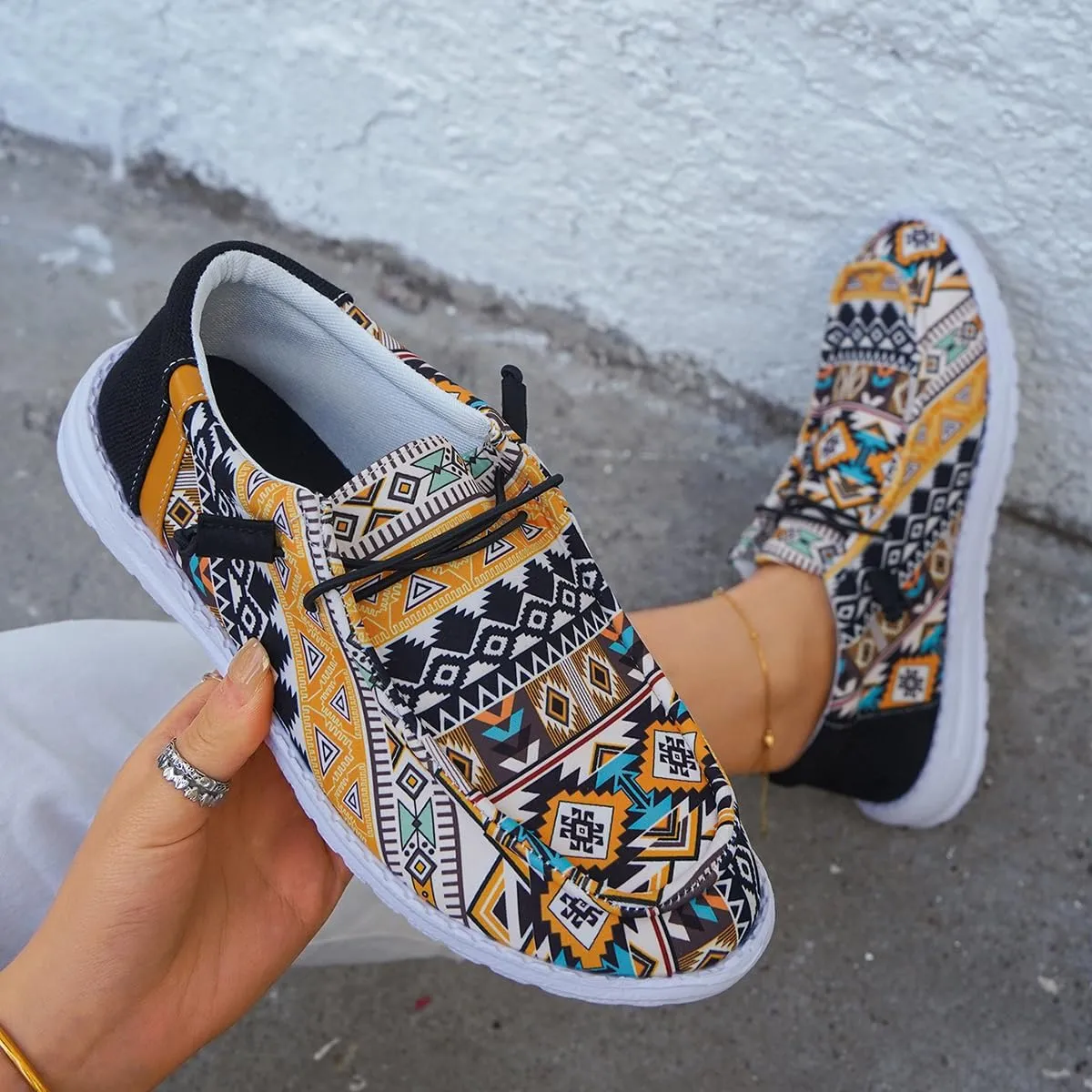 Women's Slip On Comfortable Boat Shoes Yellow-Toned Canvas Casual Loafers Casual Comfortable Lightweight Lace Up Walking Flat Deck Shoes for Work