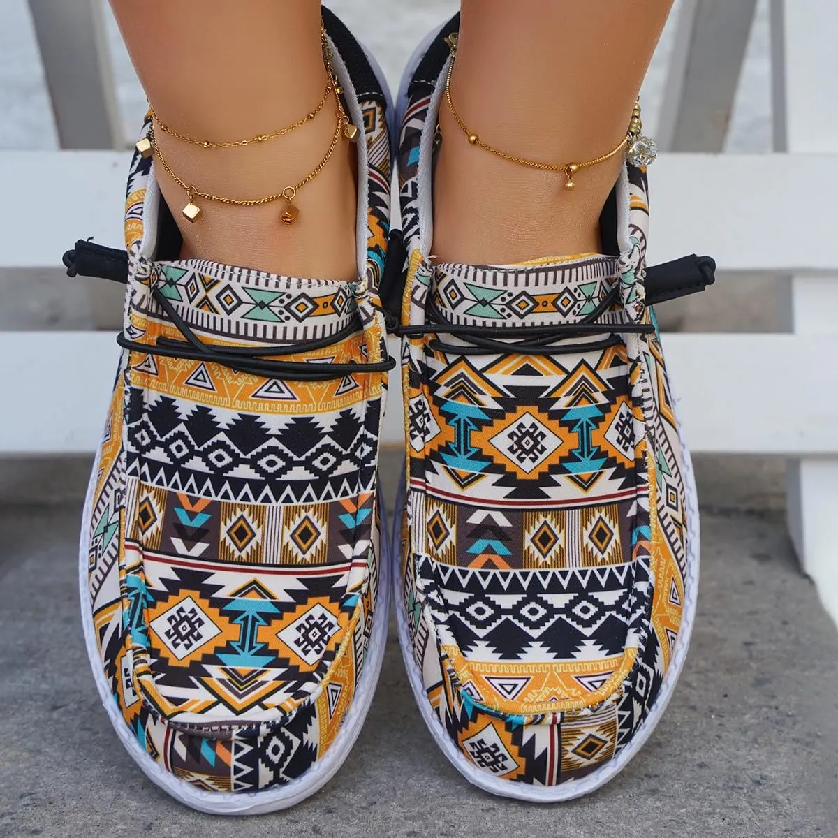 Women's Slip On Comfortable Boat Shoes Yellow-Toned Canvas Casual Loafers Casual Comfortable Lightweight Lace Up Walking Flat Deck Shoes for Work