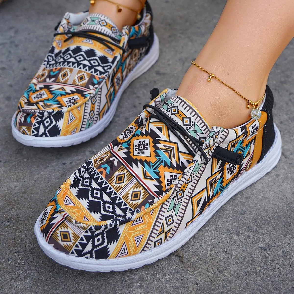 Women's Slip On Comfortable Boat Shoes Yellow-Toned Canvas Casual Loafers Casual Comfortable Lightweight Lace Up Walking Flat Deck Shoes for Work