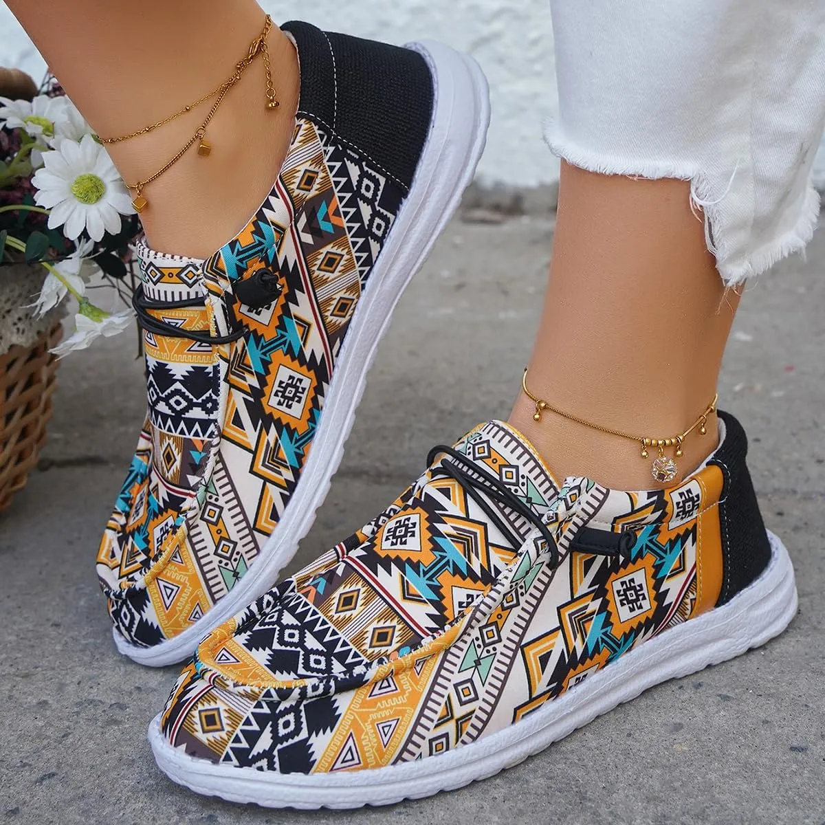 Women's Slip On Comfortable Boat Shoes Yellow-Toned Canvas Casual Loafers Casual Comfortable Lightweight Lace Up Walking Flat Deck Shoes for Work