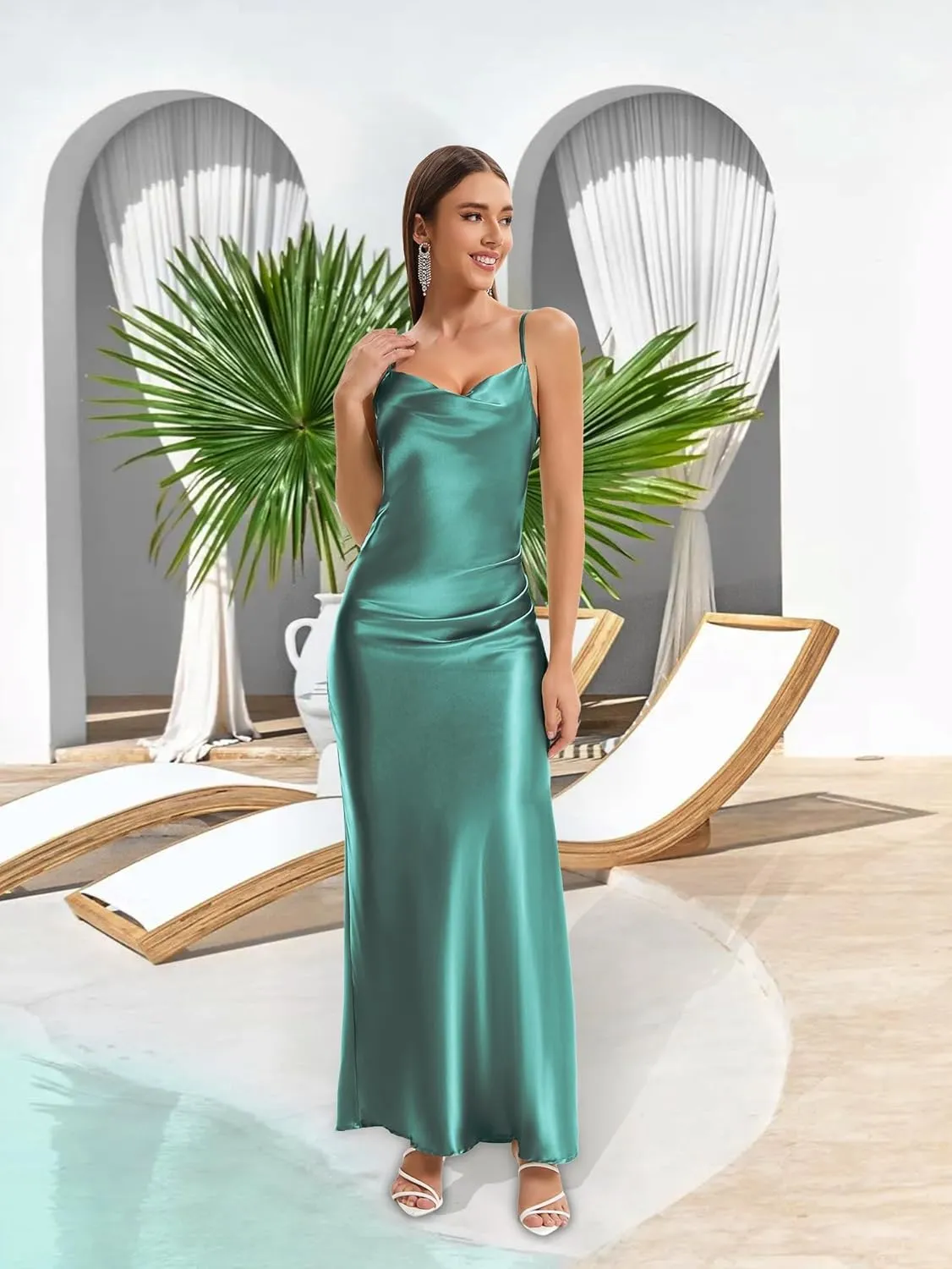 Women’s Spaghetti Strap Satin Dress Cowl Neck Backless Long Dresses Elegant Low Back Ruched Cocktail Dress