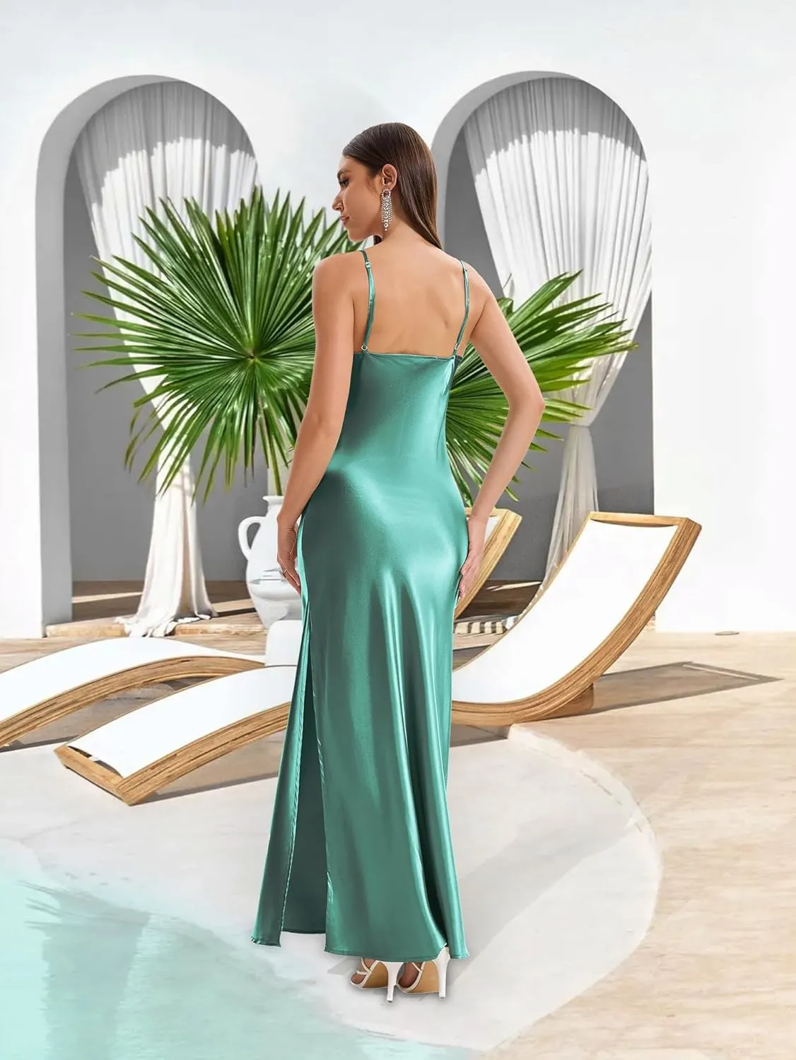 Women’s Spaghetti Strap Satin Dress Cowl Neck Backless Long Dresses Elegant Low Back Ruched Cocktail Dress