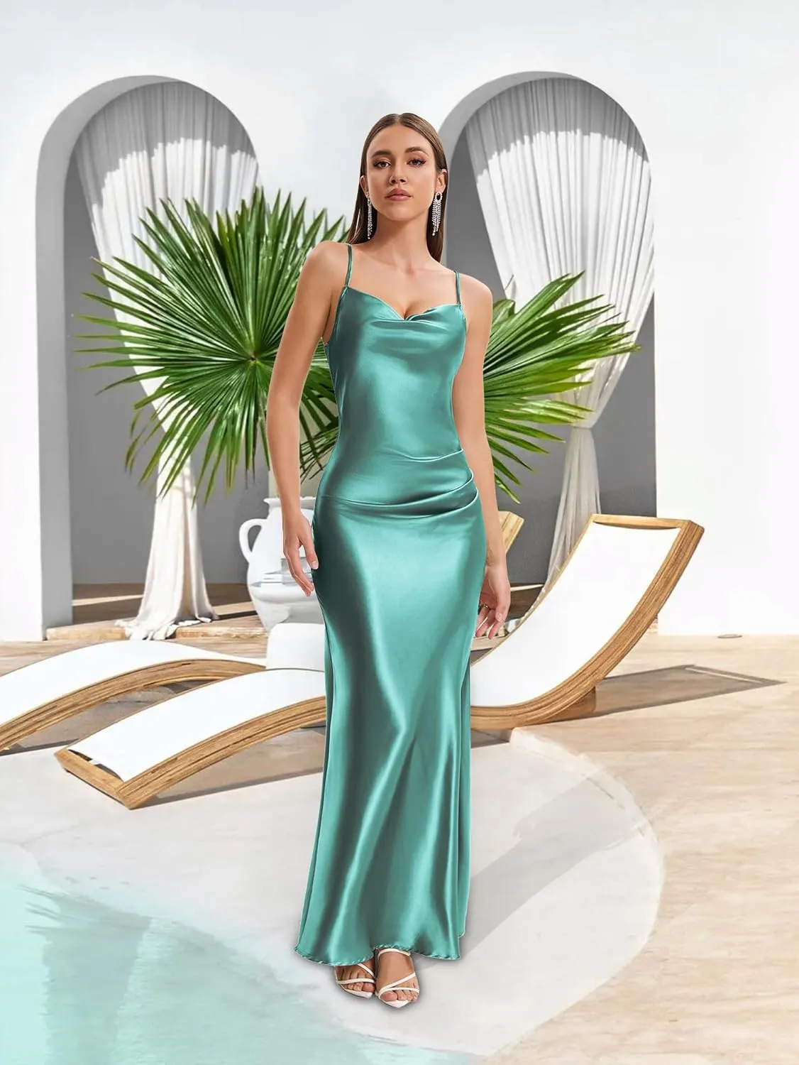 Women’s Spaghetti Strap Satin Dress Cowl Neck Backless Long Dresses Elegant Low Back Ruched Cocktail Dress