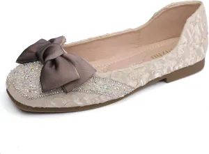 Womens Square Toe Flats Bow-Knot Low Heel Dress Shoes Rhinestone Ballet Flats Memory Foam Insole Slip on Dressy Comfortable for Women