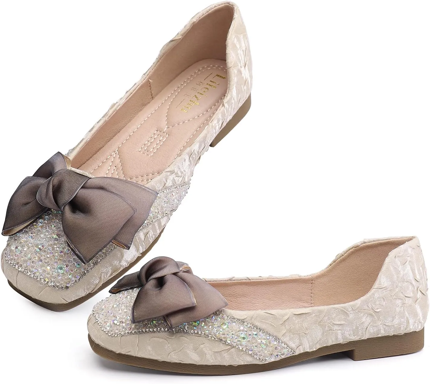 Womens Square Toe Flats Bow-Knot Low Heel Dress Shoes Rhinestone Ballet Flats Memory Foam Insole Slip on Dressy Comfortable for Women