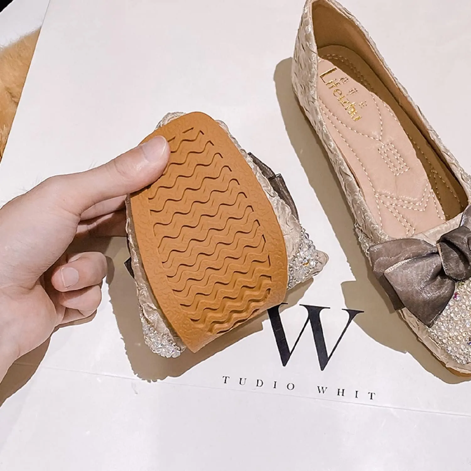 Womens Square Toe Flats Bow-Knot Low Heel Dress Shoes Rhinestone Ballet Flats Memory Foam Insole Slip on Dressy Comfortable for Women