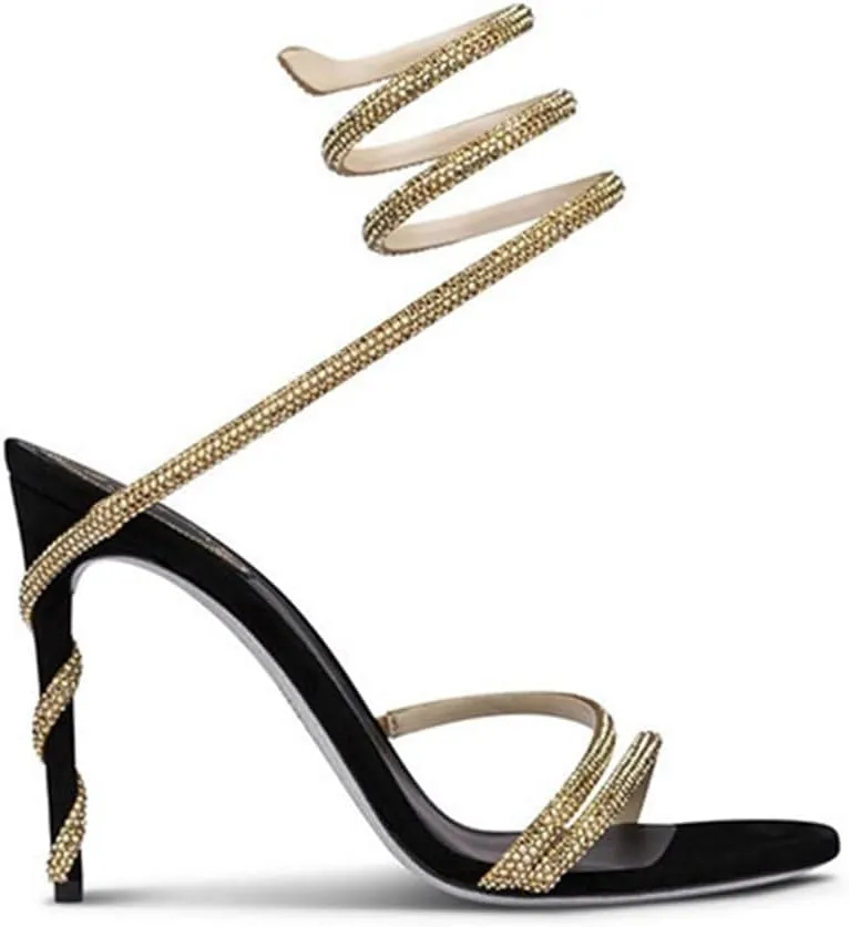 Women's Strappy Sandals Heels Spiral Stiletto Heels Peep Toe Cross Ankle Strap Rhinestones Pumps Slingback Buckle Wedding Prom Shoes