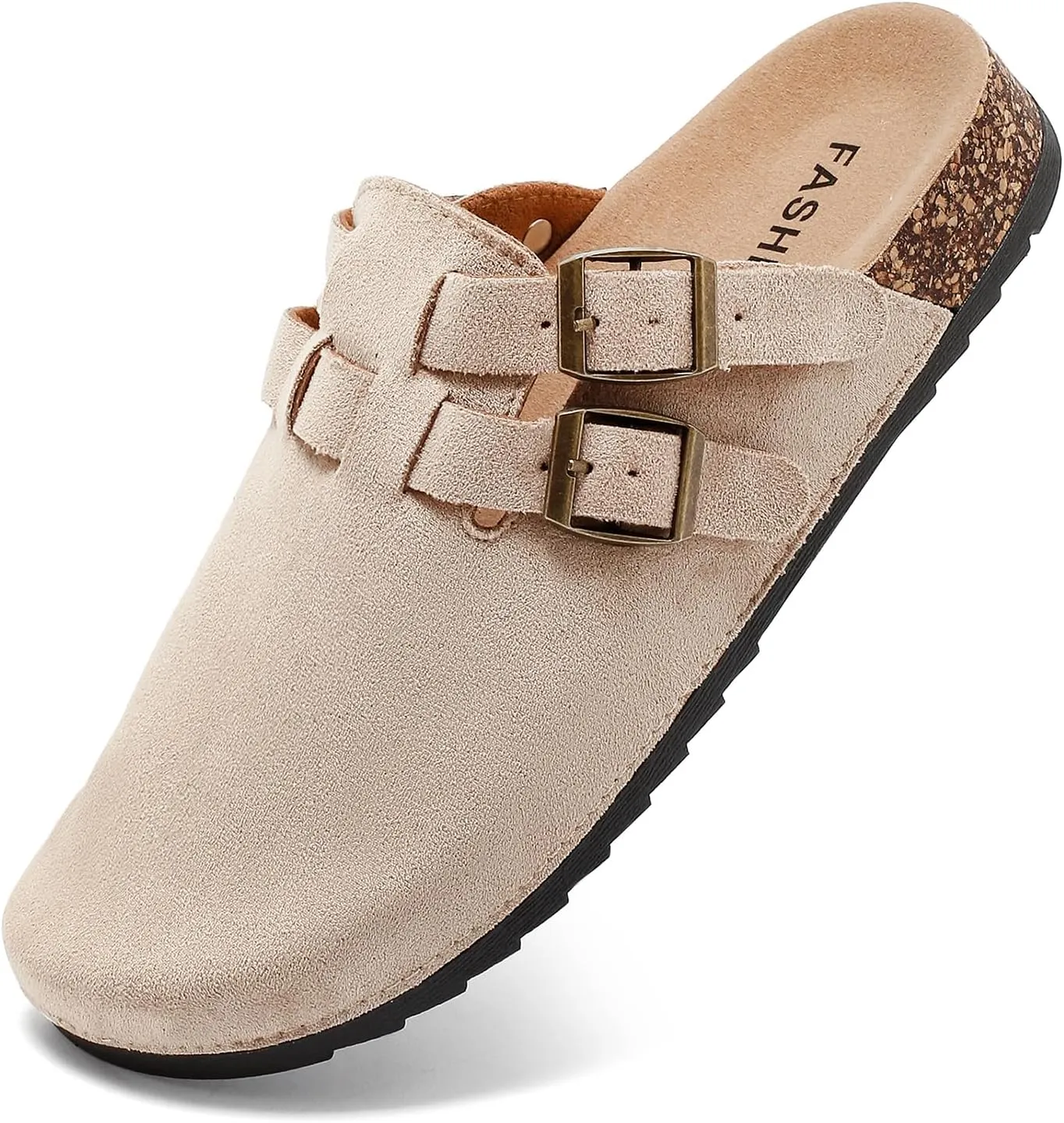 Women's Suede Clogs Mens Leather Mules with Double Adjustable Buckle Slip On Cork Footbed Sandals Potato Shoes with Arch Support Beige