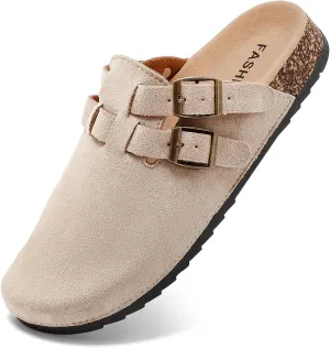 Women's Suede Clogs Mens Leather Mules with Double Adjustable Buckle Slip On Cork Footbed Sandals Potato Shoes with Arch Support Beige