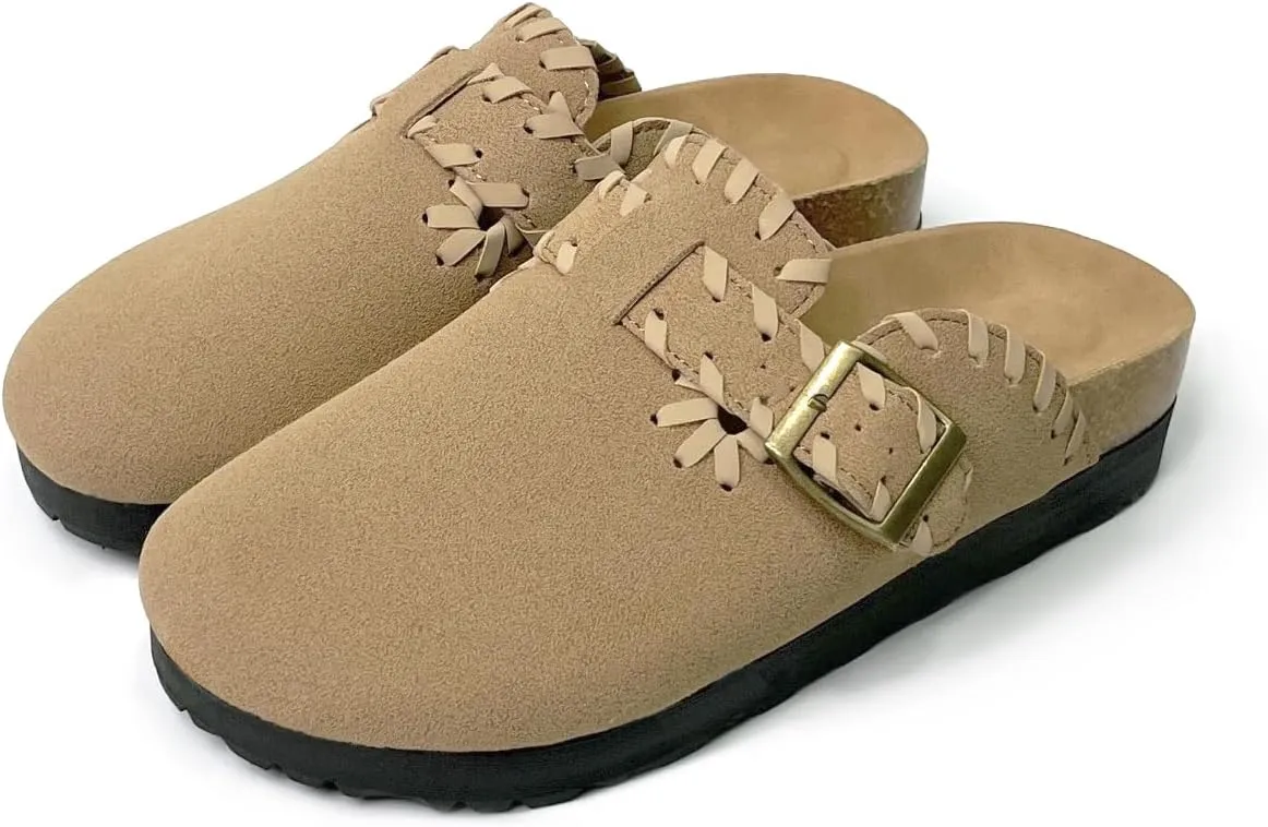 Women’s Suede Clogs with Handstitched Leather Edge Trim Slip-On Cork Mules Arch Support Adjustable Buckle Closed Toe Indoor and Outdoor House Slippers
