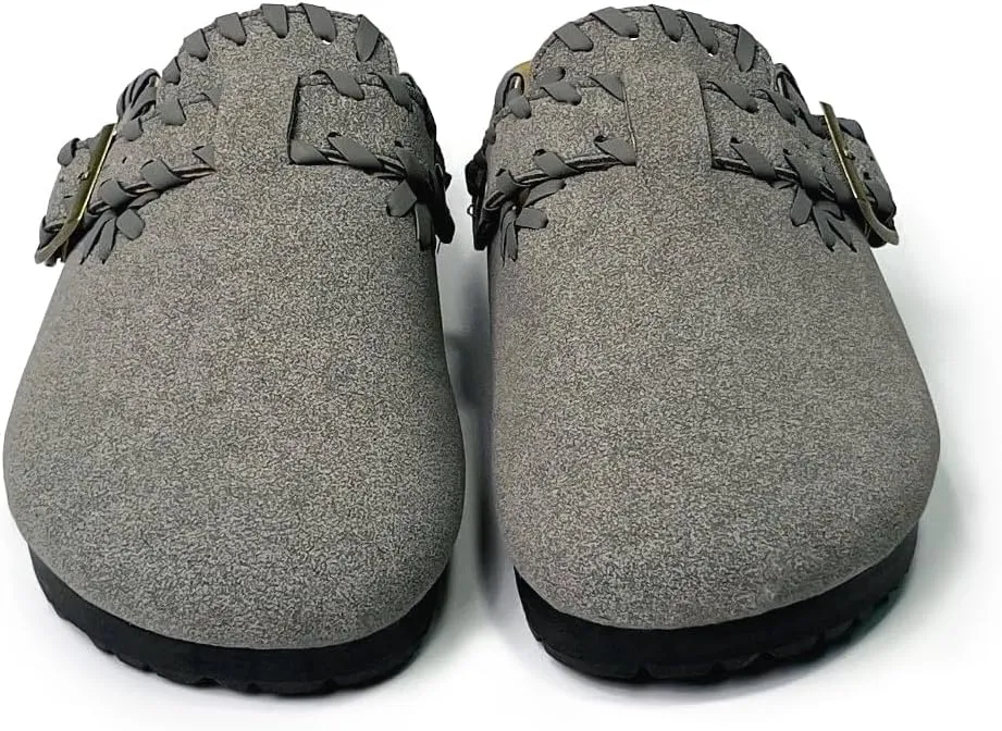 Women’s Suede Clogs with Handstitched Leather Edge Trim Slip-On Cork Mules Arch Support Adjustable Buckle Closed Toe Indoor and Outdoor House Slippers