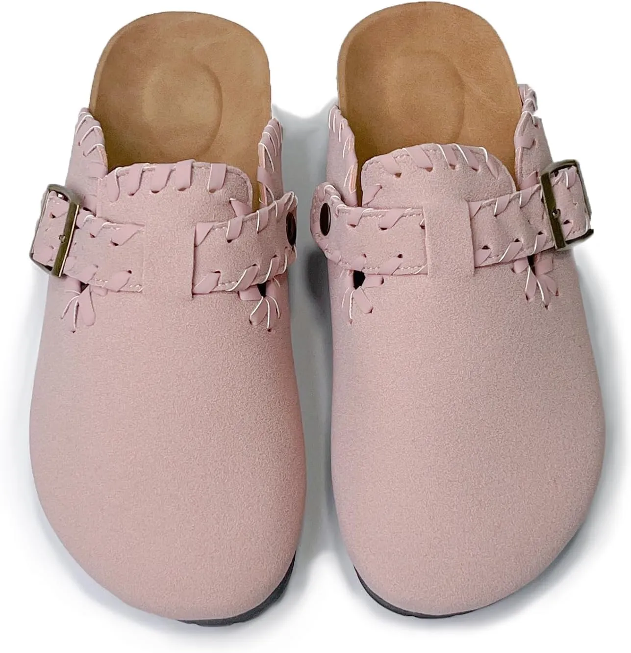 Women’s Suede Clogs with Handstitched Leather Edge Trim Slip-On Cork Mules Arch Support Adjustable Buckle Closed Toe Indoor and Outdoor House Slippers