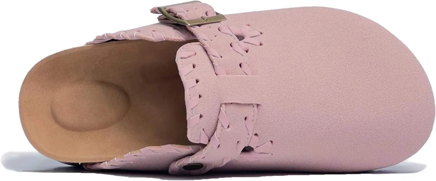 Women’s Suede Clogs with Handstitched Leather Edge Trim Slip-On Cork Mules Arch Support Adjustable Buckle Closed Toe Indoor and Outdoor House Slippers
