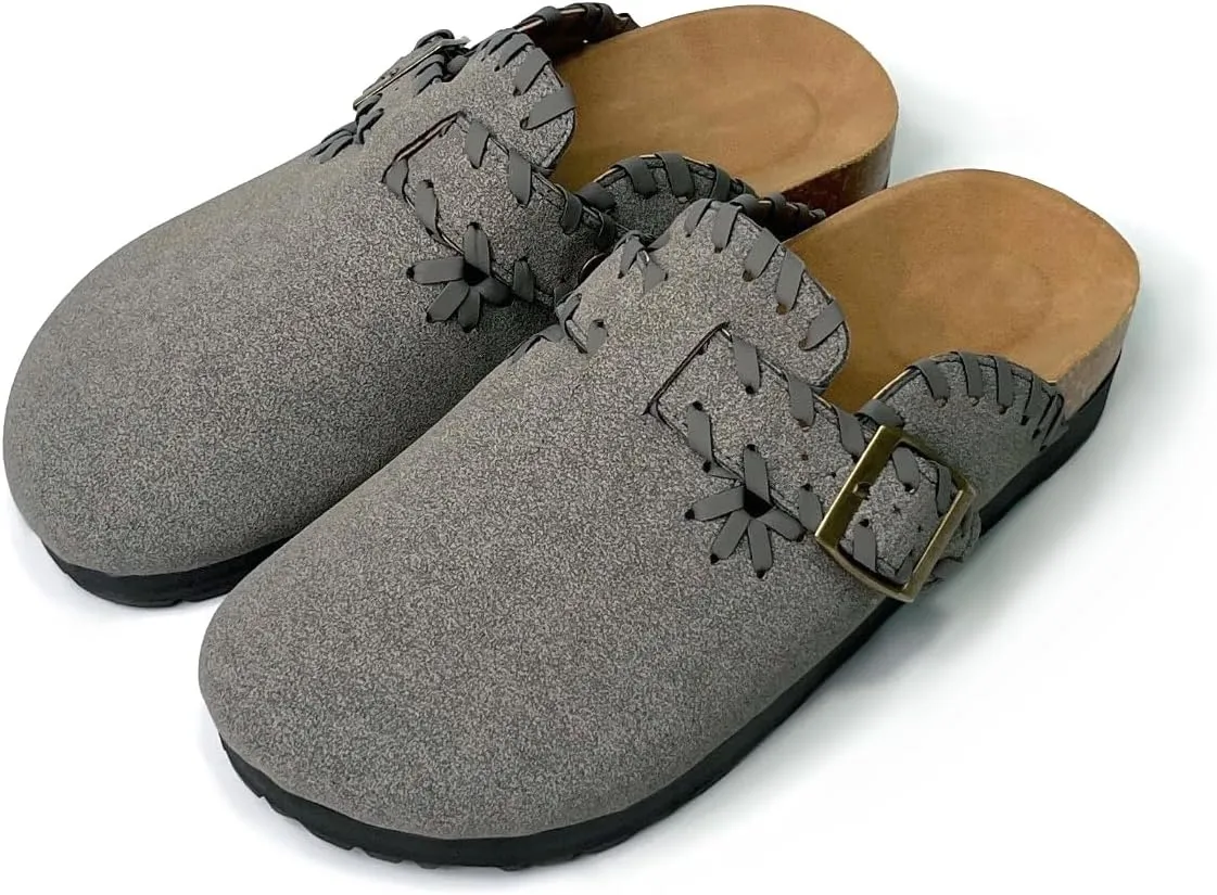 Women’s Suede Clogs with Handstitched Leather Edge Trim Slip-On Cork Mules Arch Support Adjustable Buckle Closed Toe Indoor and Outdoor House Slippers