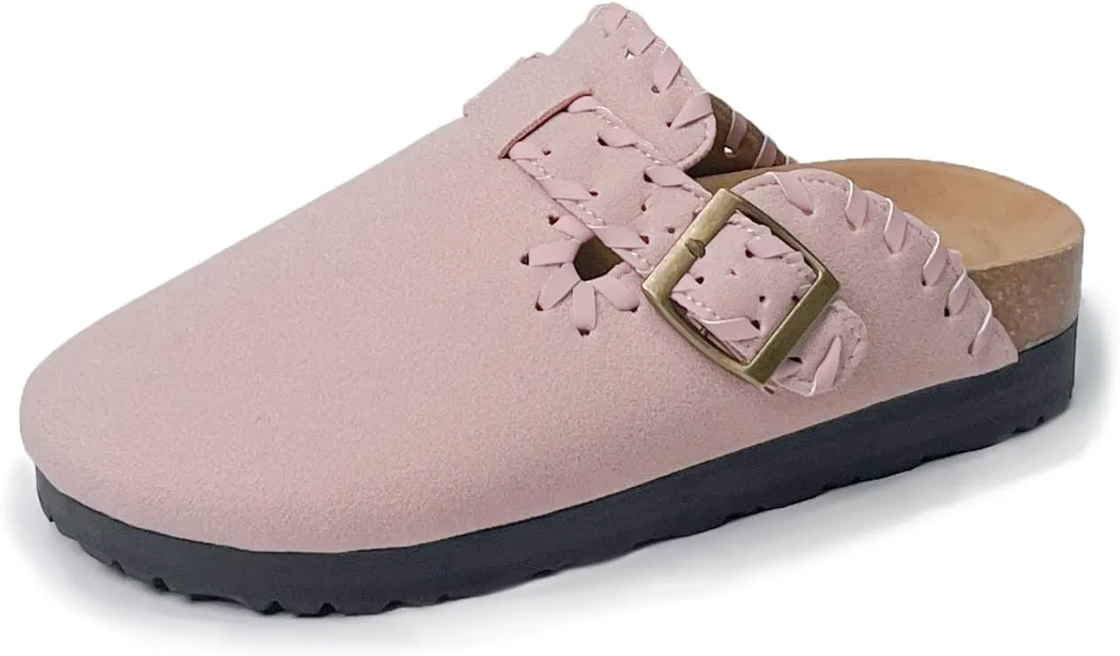 Women’s Suede Clogs with Handstitched Leather Edge Trim Slip-On Cork Mules Arch Support Adjustable Buckle Closed Toe Indoor and Outdoor House Slippers