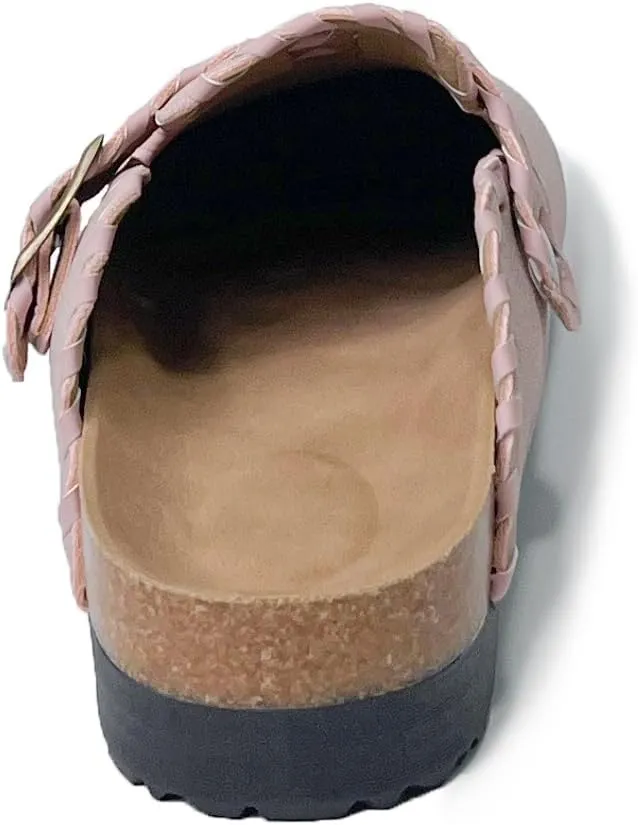 Women’s Suede Clogs with Handstitched Leather Edge Trim Slip-On Cork Mules Arch Support Adjustable Buckle Closed Toe Indoor and Outdoor House Slippers