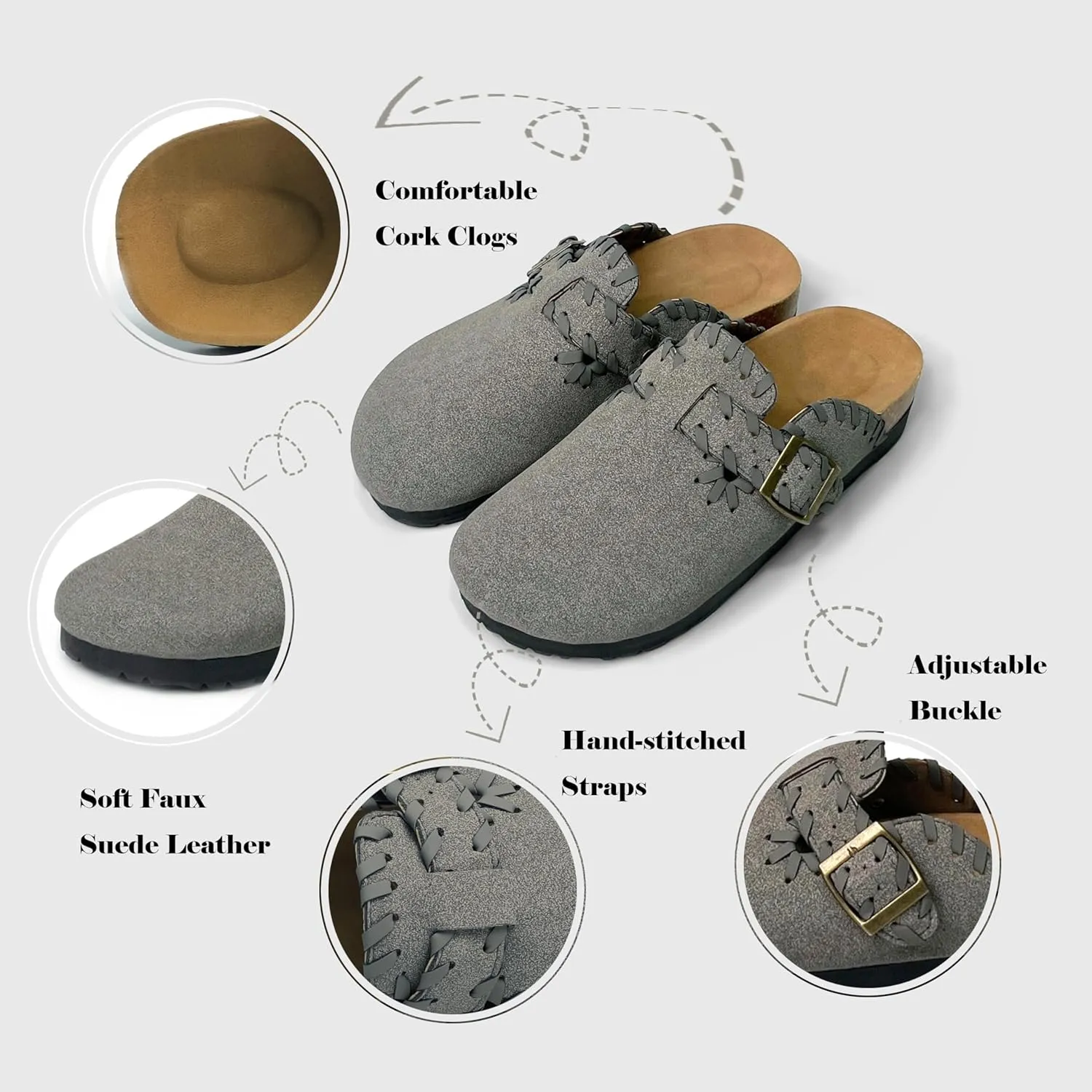 Women’s Suede Clogs with Handstitched Leather Edge Trim Slip-On Cork Mules Arch Support Adjustable Buckle Closed Toe Indoor and Outdoor House Slippers