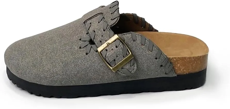 Women’s Suede Clogs with Handstitched Leather Edge Trim Slip-On Cork Mules Arch Support Adjustable Buckle Closed Toe Indoor and Outdoor House Slippers