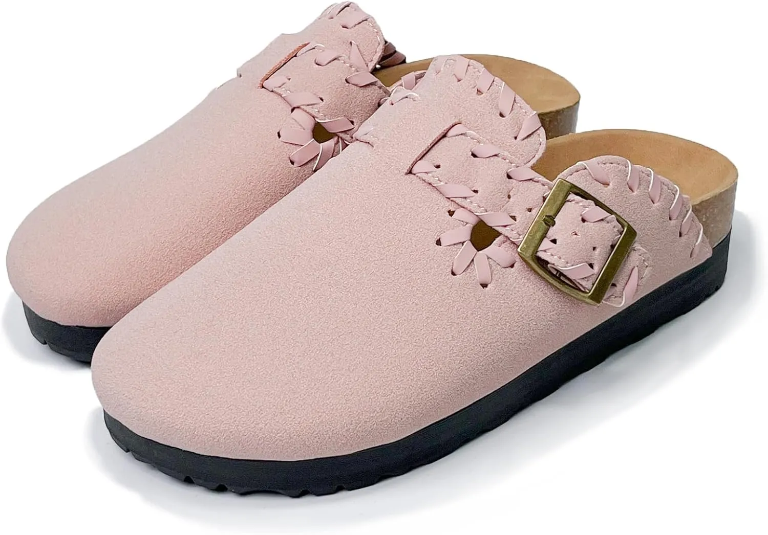 Women’s Suede Clogs with Handstitched Leather Edge Trim Slip-On Cork Mules Arch Support Adjustable Buckle Closed Toe Indoor and Outdoor House Slippers