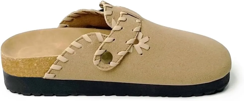 Women’s Suede Clogs with Handstitched Leather Edge Trim Slip-On Cork Mules Arch Support Adjustable Buckle Closed Toe Indoor and Outdoor House Slippers