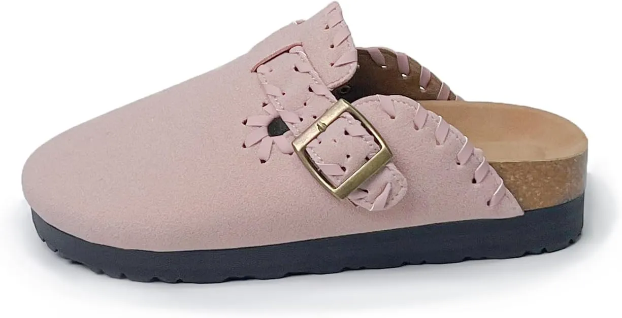 Women’s Suede Clogs with Handstitched Leather Edge Trim Slip-On Cork Mules Arch Support Adjustable Buckle Closed Toe Indoor and Outdoor House Slippers