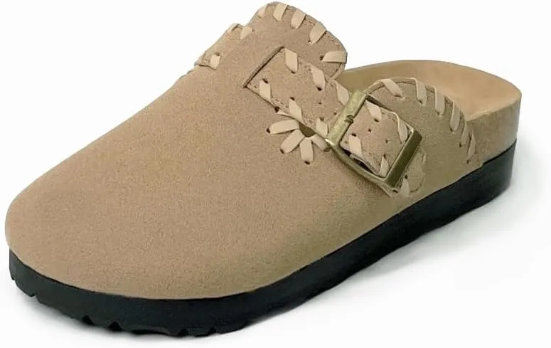 Women’s Suede Clogs with Handstitched Leather Edge Trim Slip-On Cork Mules Arch Support Adjustable Buckle Closed Toe Indoor and Outdoor House Slippers