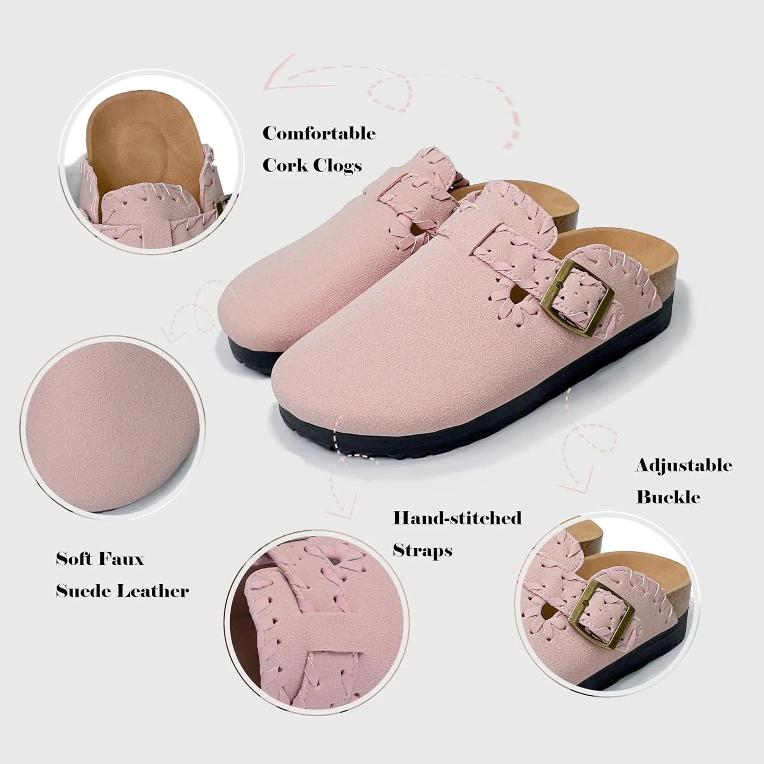 Women’s Suede Clogs with Handstitched Leather Edge Trim Slip-On Cork Mules Arch Support Adjustable Buckle Closed Toe Indoor and Outdoor House Slippers