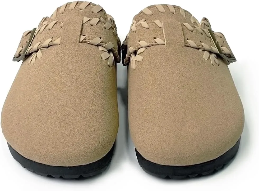Women’s Suede Clogs with Handstitched Leather Edge Trim Slip-On Cork Mules Arch Support Adjustable Buckle Closed Toe Indoor and Outdoor House Slippers