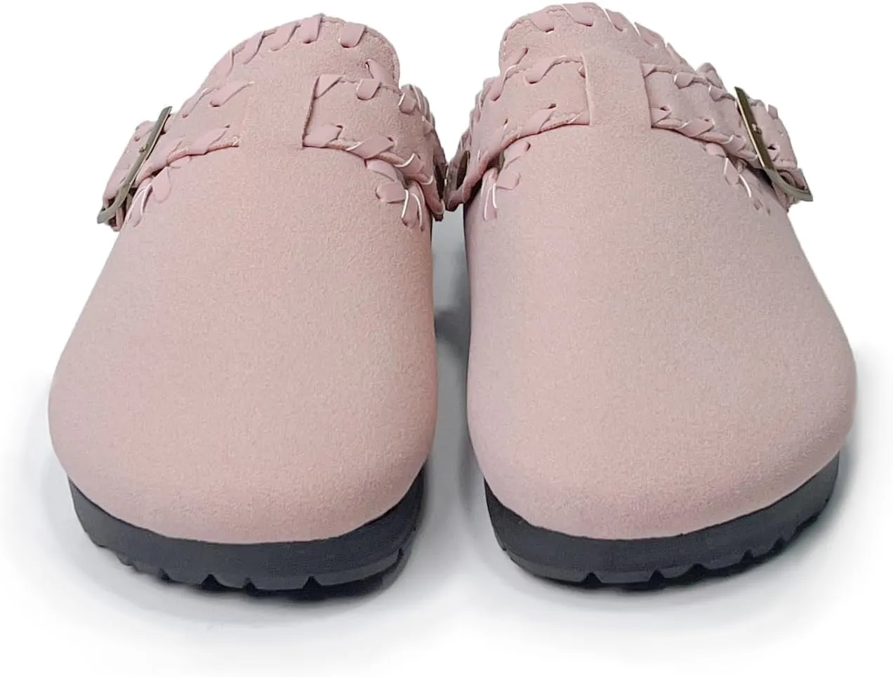 Women’s Suede Clogs with Handstitched Leather Edge Trim Slip-On Cork Mules Arch Support Adjustable Buckle Closed Toe Indoor and Outdoor House Slippers