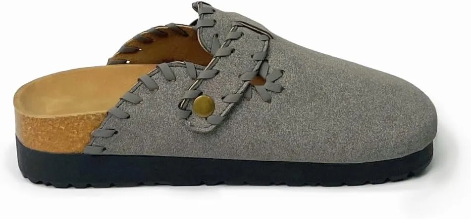 Women’s Suede Clogs with Handstitched Leather Edge Trim Slip-On Cork Mules Arch Support Adjustable Buckle Closed Toe Indoor and Outdoor House Slippers