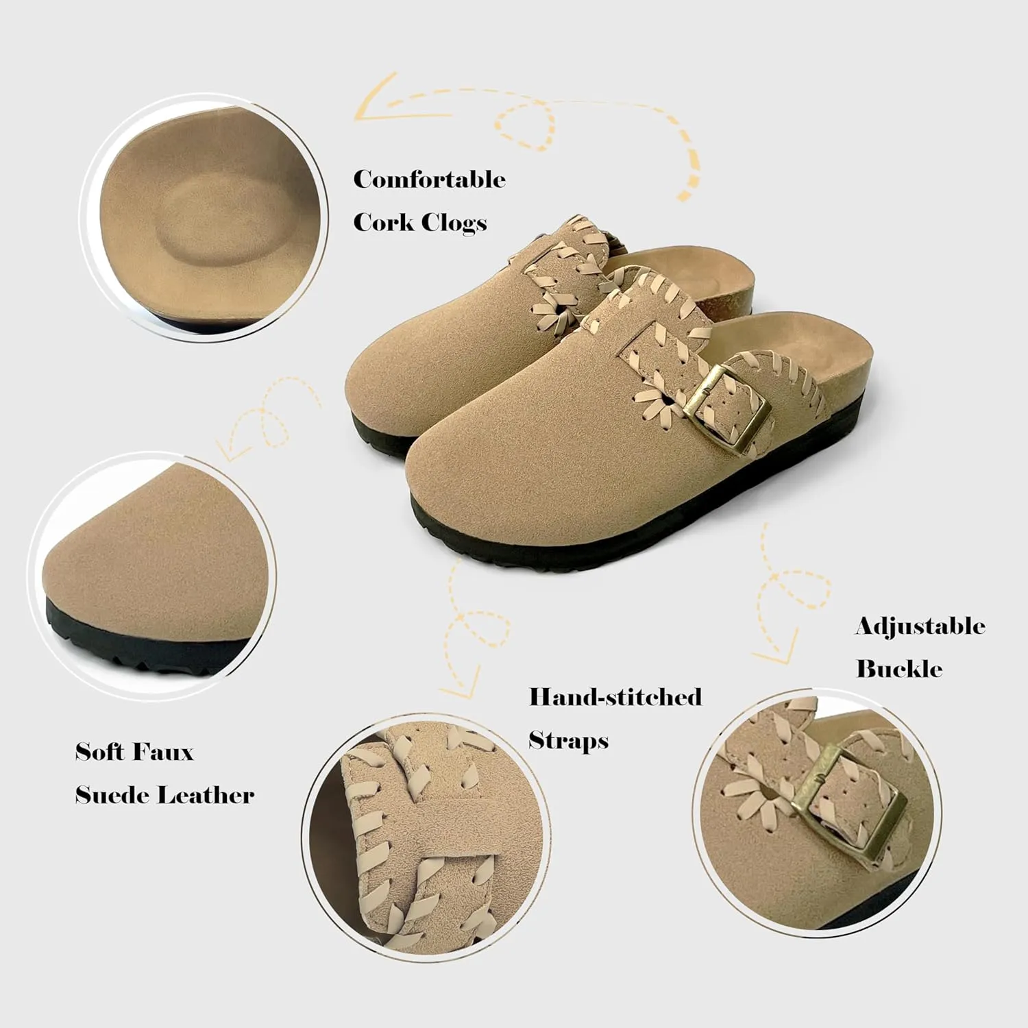 Women’s Suede Clogs with Handstitched Leather Edge Trim Slip-On Cork Mules Arch Support Adjustable Buckle Closed Toe Indoor and Outdoor House Slippers