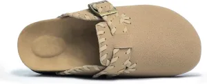 Women’s Suede Clogs with Handstitched Leather Edge Trim Slip-On Cork Mules Arch Support Adjustable Buckle Closed Toe Indoor and Outdoor House Slippers
