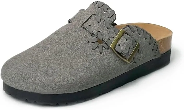 Women’s Suede Clogs with Handstitched Leather Edge Trim Slip-On Cork Mules Arch Support Adjustable Buckle Closed Toe Indoor and Outdoor House Slippers