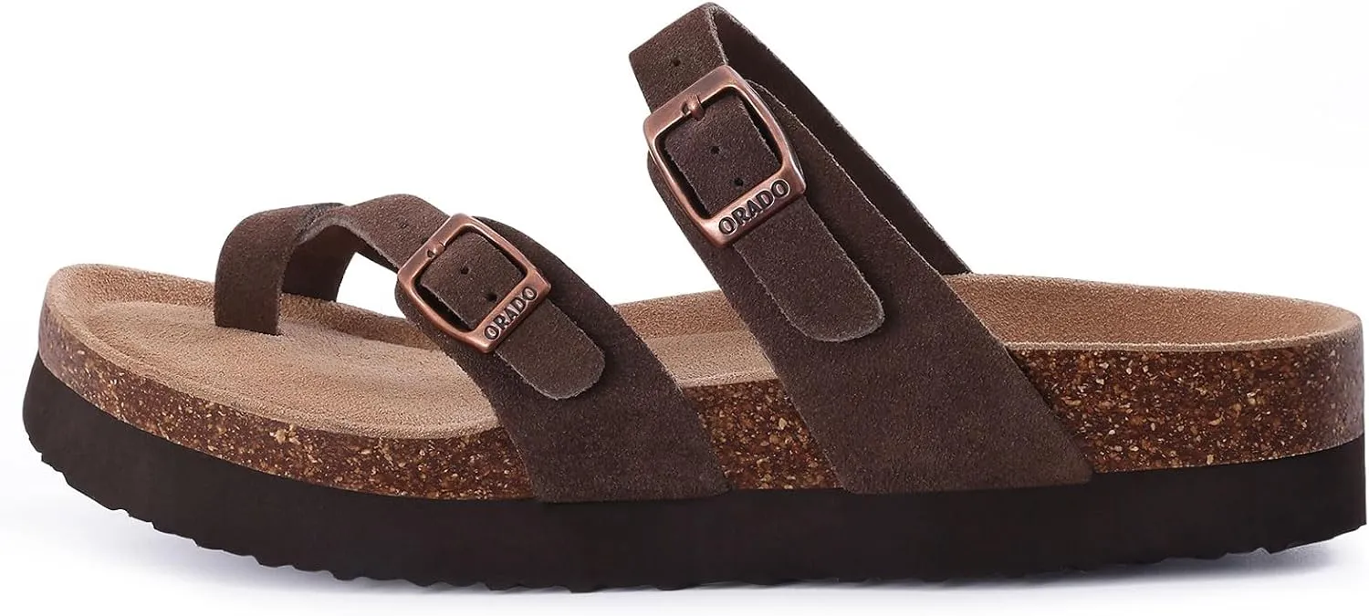 Women's Suede Platform Sandals Cork Footbed Adjustable Comfortable Support Summer Slides