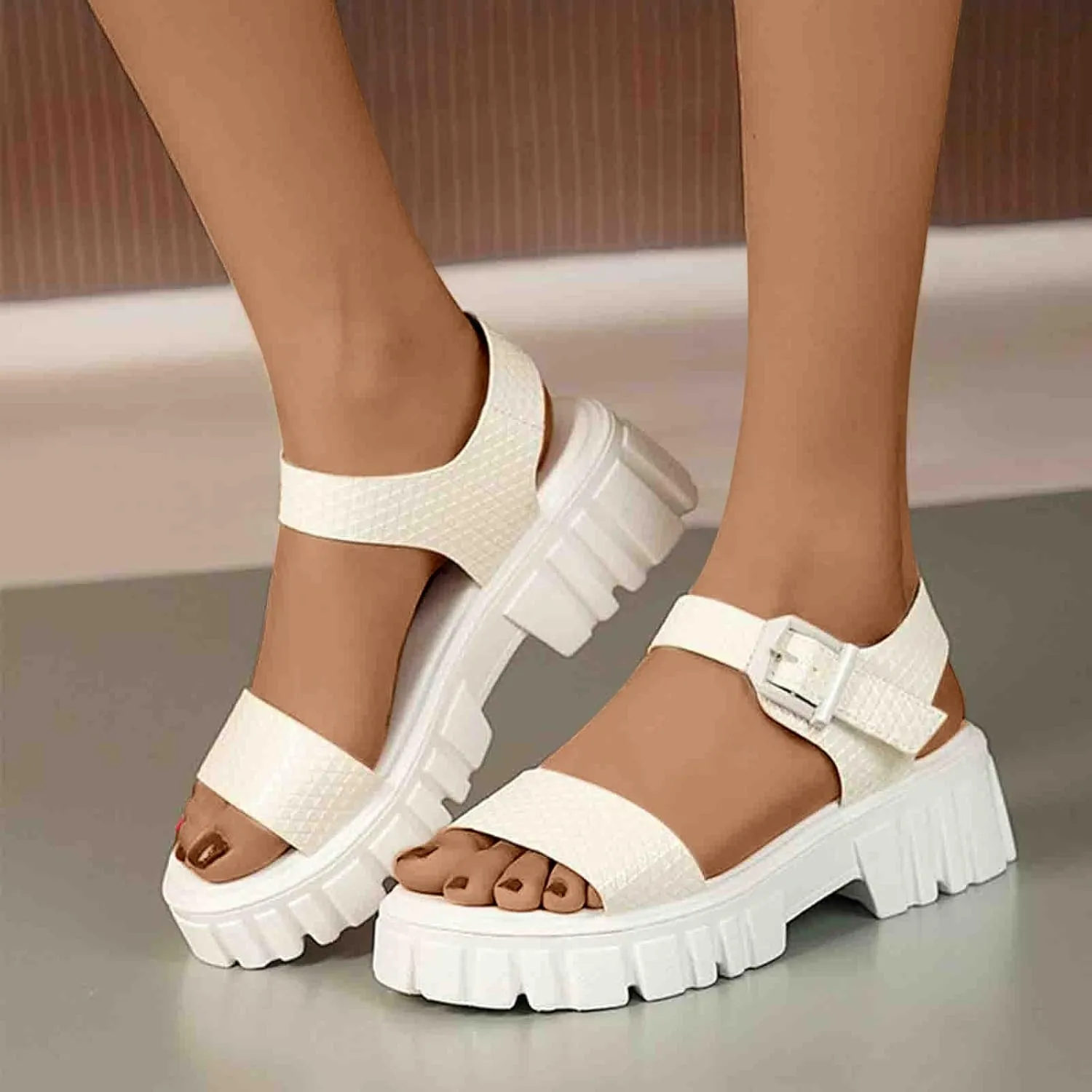 Women's Thick Strappy Chunky Sandal Hook and Eye Solid Platform Shoe Open Toe Slingback Sandals Summer Spring Shoes