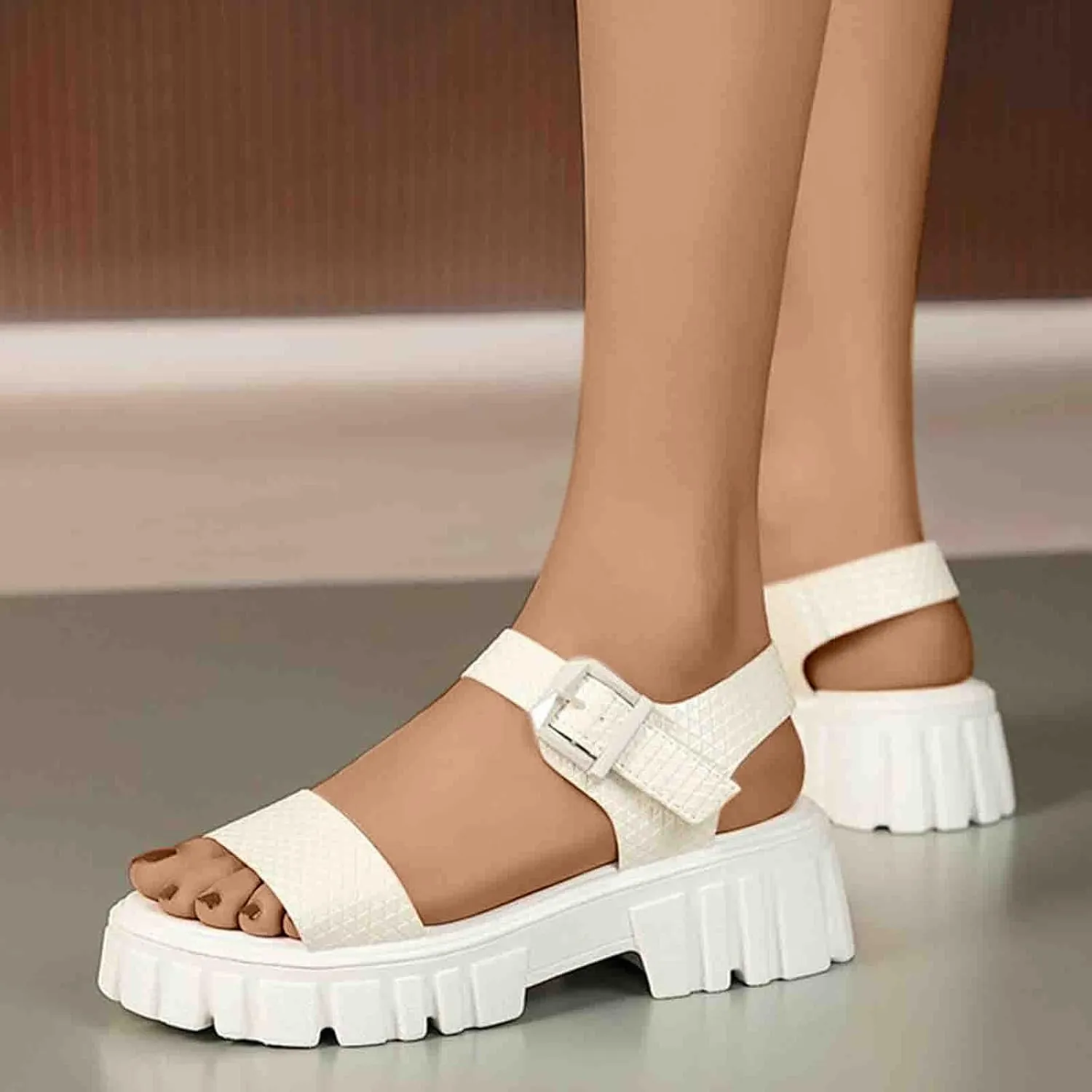 Women's Thick Strappy Chunky Sandal Hook and Eye Solid Platform Shoe Open Toe Slingback Sandals Summer Spring Shoes