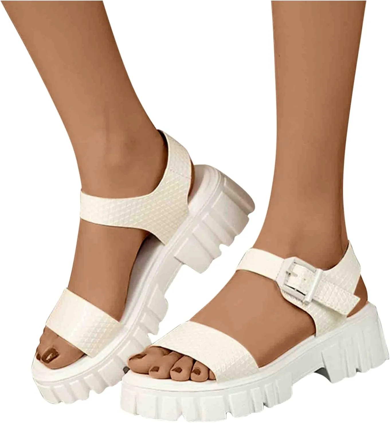 Women's Thick Strappy Chunky Sandal Hook and Eye Solid Platform Shoe Open Toe Slingback Sandals Summer Spring Shoes