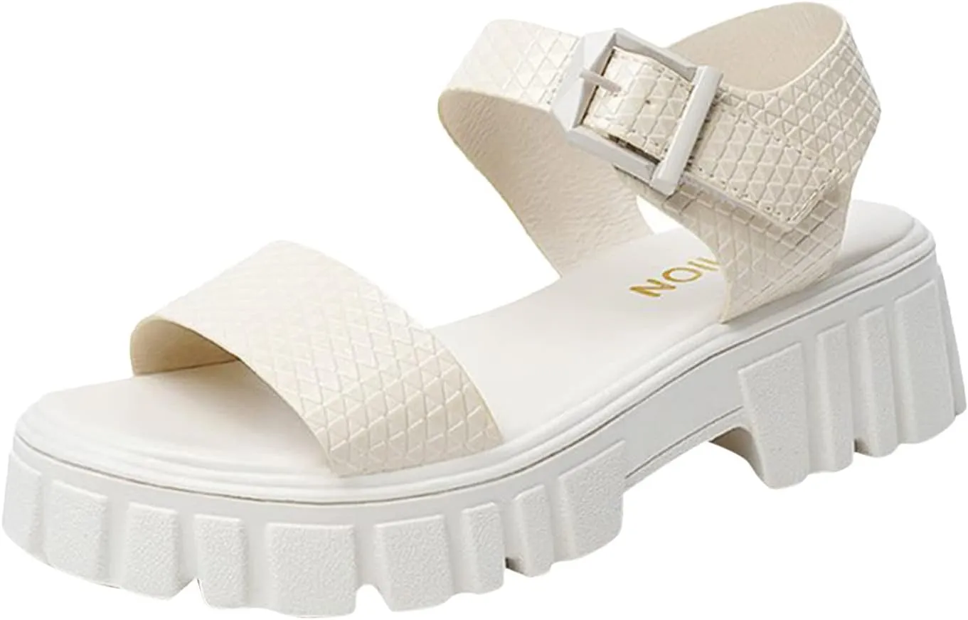Women's Thick Strappy Chunky Sandal Hook and Eye Solid Platform Shoe Open Toe Slingback Sandals Summer Spring Shoes