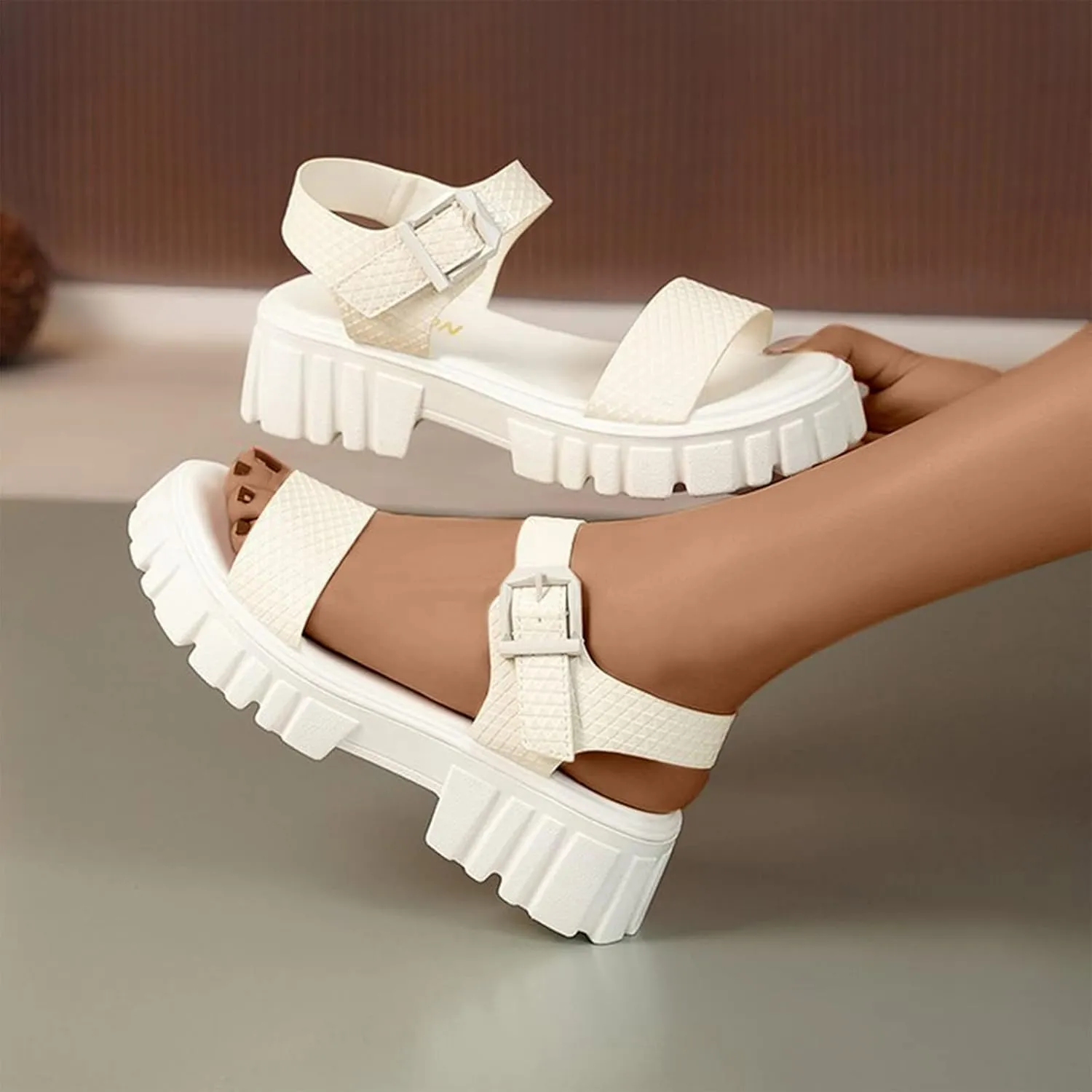 Women's Thick Strappy Chunky Sandal Hook and Eye Solid Platform Shoe Open Toe Slingback Sandals Summer Spring Shoes