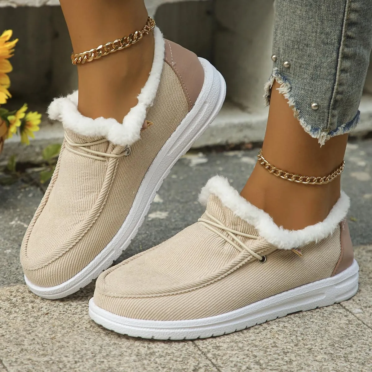Women's Warm Lace up Loafers Casual Cozy Flat Slip on Wide Width Shoes Non-Slip Lightweight Canvas Driving Walking Shoes