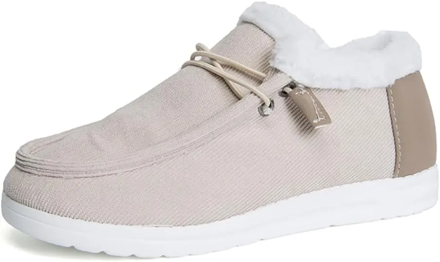 Women's Warm Lace up Loafers Casual Cozy Flat Slip on Wide Width Shoes Non-Slip Lightweight Canvas Driving Walking Shoes