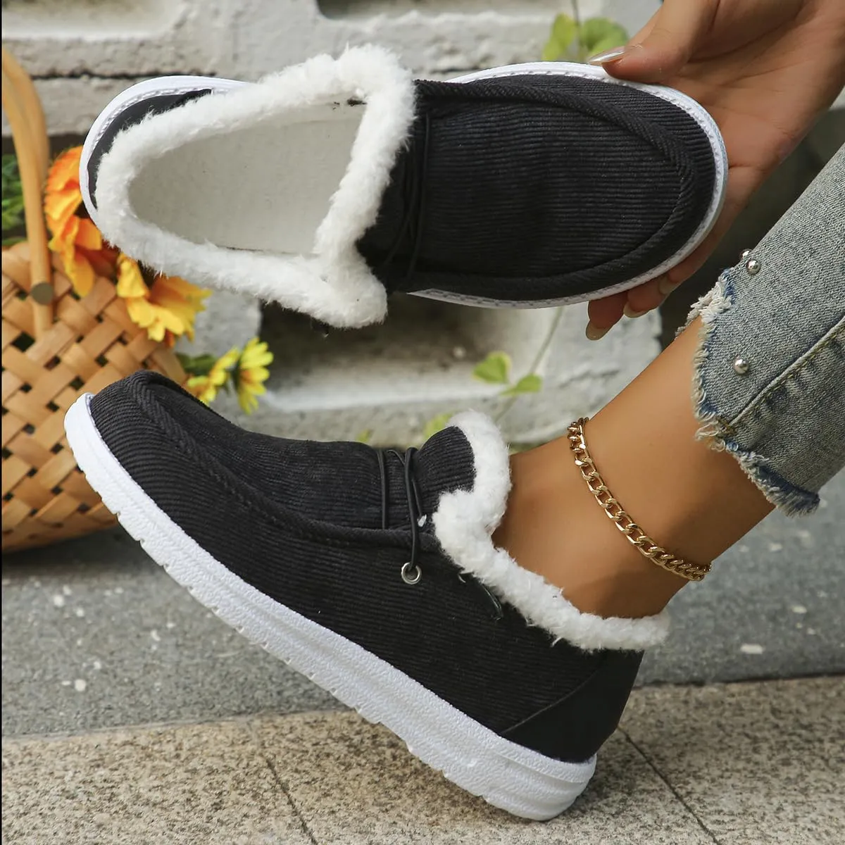 Women's Warm Lace up Loafers Casual Cozy Flat Slip on Wide Width Shoes Non-Slip Lightweight Canvas Driving Walking Shoes